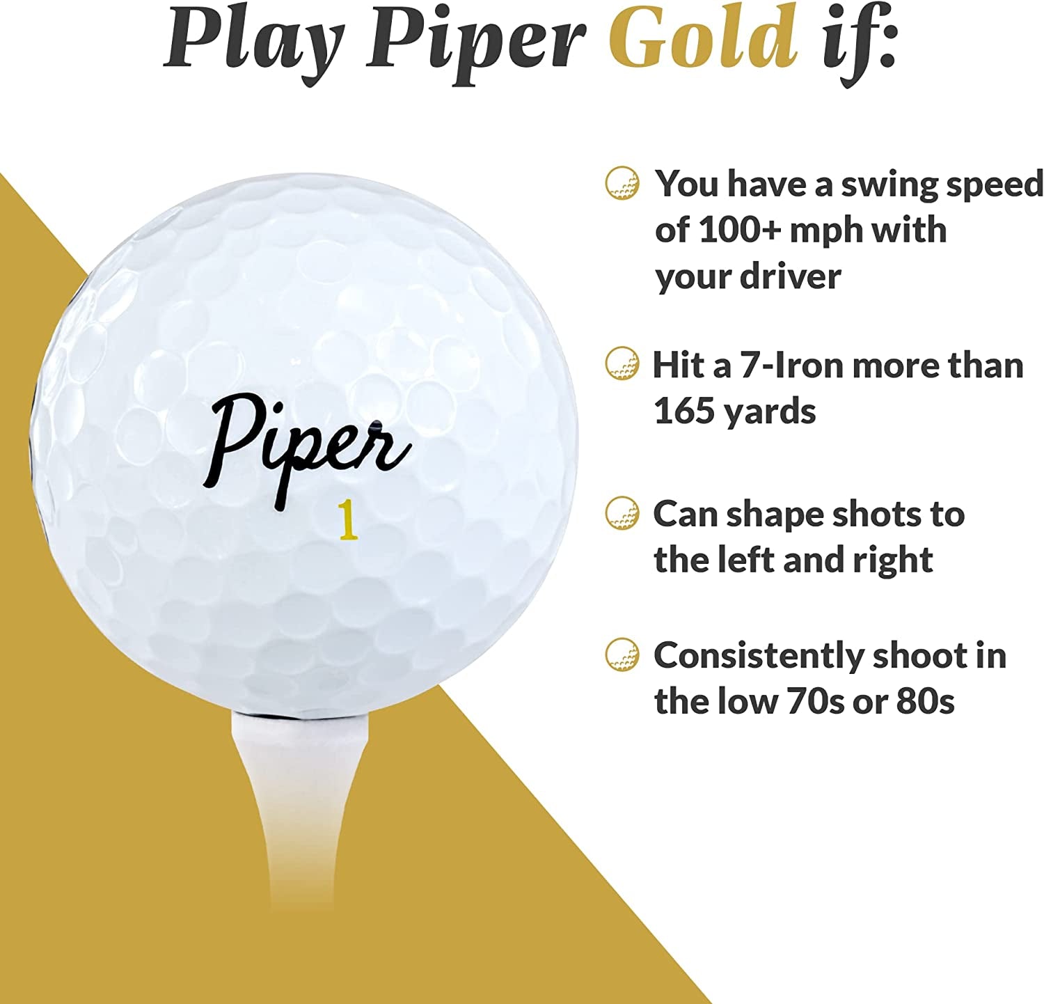 Premium Golf Balls for Maximum Distance and Soft Feel | Handicap Range 0-7 | Higher Spin | 4-Piece Urethane | 1 Dozen (12-Balls) | Custom Alignment Golf Ball Marker | Piper Gold