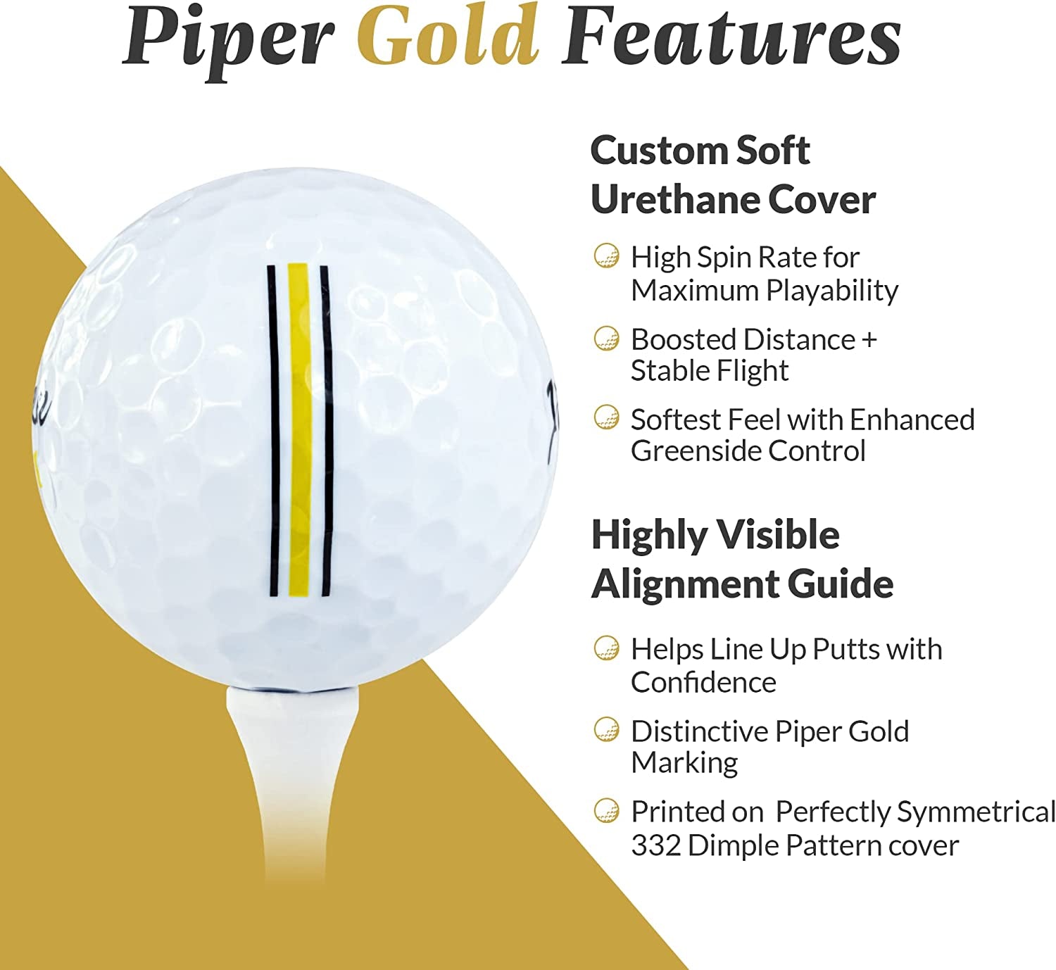 Premium Golf Balls for Maximum Distance and Soft Feel | Handicap Range 0-7 | Higher Spin | 4-Piece Urethane | 1 Dozen (12-Balls) | Custom Alignment Golf Ball Marker | Piper Gold